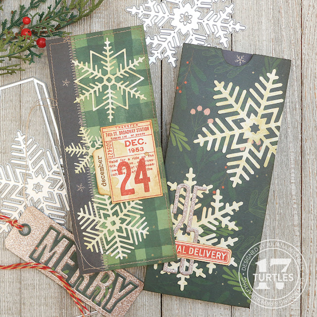 Merry Christmas Mini Slimline Card and Envelope by Juliana Michaels featuring Scrapbook.com Tall Skinny Pocket Dies, Snowflake Dies and Christmas Block Word Dies