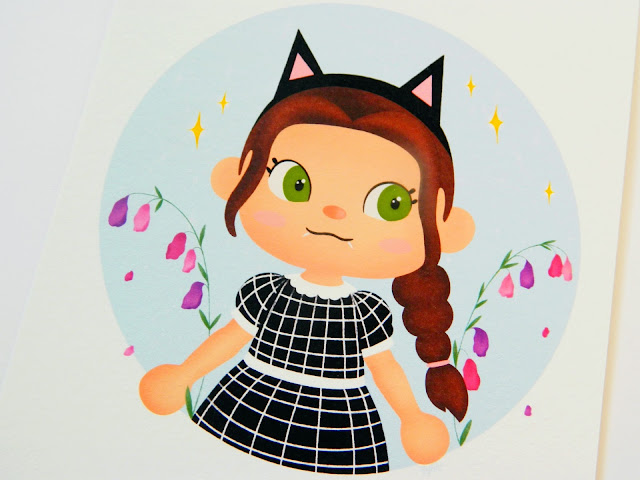 a photo of an Animal Crossing character art piece, featuring a girl with brown hair and green eyes wearing a gingham dress, doning black cat ears too