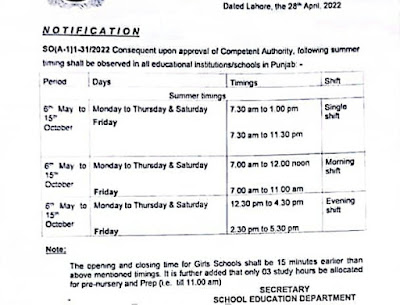 Important Announcement of New School Timings in Punjab Private and Public Schools,Important Announcement,New School Timings in Punjab, Private and Public Schools timing,