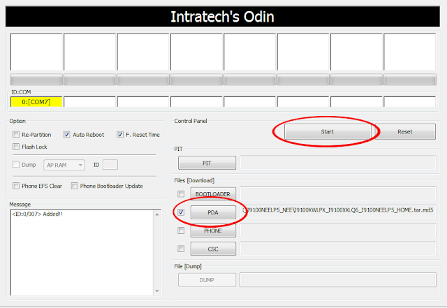 galaxy s2 odin update pda and start