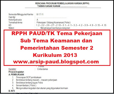 RPPH TK/PAUD Tema Pekerjaan Sub Tema Bidang Keamanan dan Pemerintahan Semester 2 Kurikulum 2013