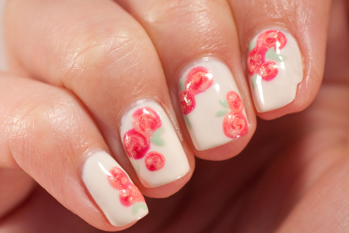 Swirly Rose Nail Art Design with Pink Gellac nail polish.