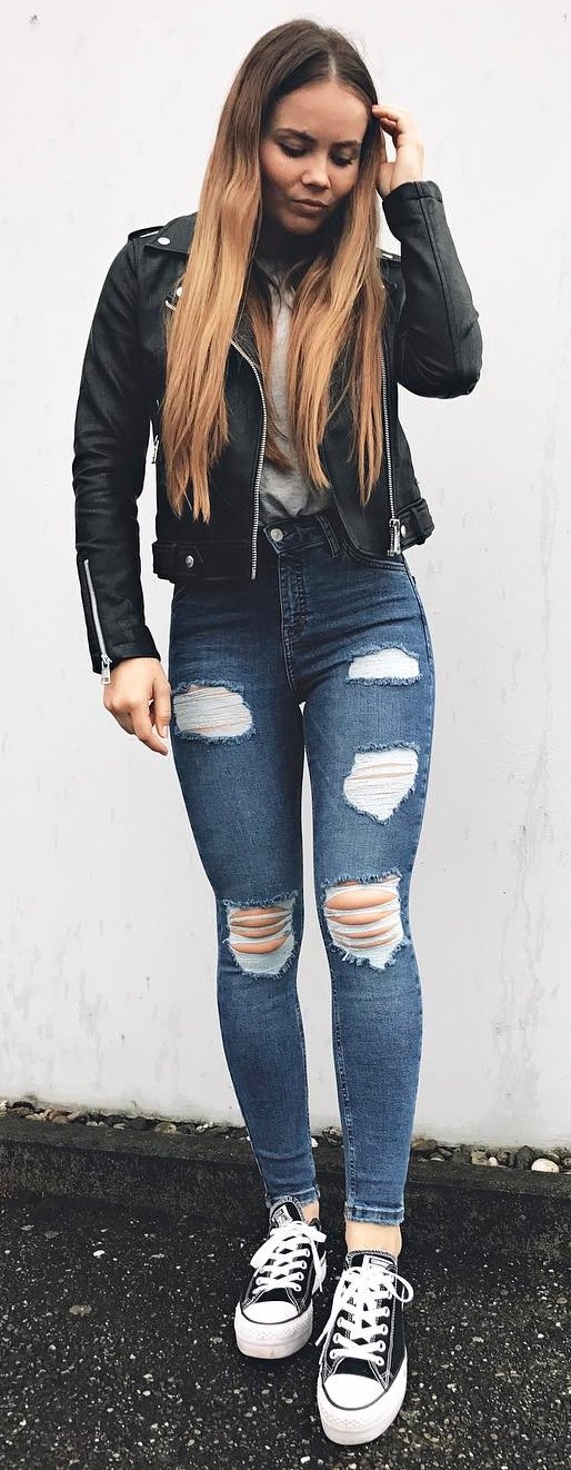 street style perfection / black moto jacket + top + rips + converse