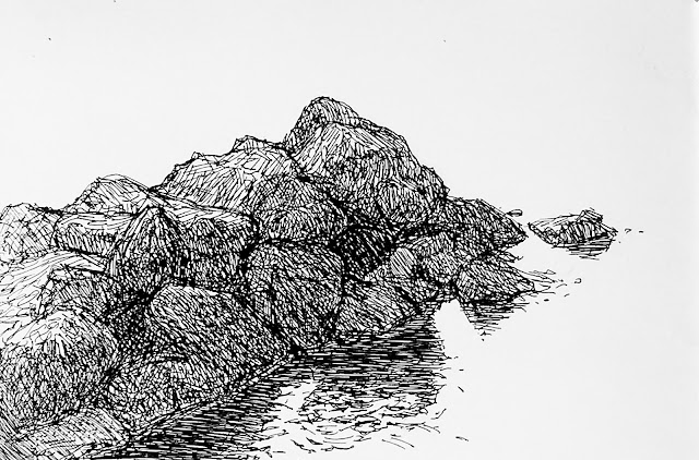 pen drawing of breakwater made of large rocks, jutting from beach into water.