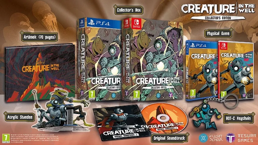 Montage showing the items that come with the Creatures in the Well Collector's Edition for Nintendo Switch and PS4