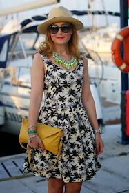 palm print dress, caleidos clutch, Sodini bijoux collana, ecua-andino classic panama hat, Fashion and Cookies, fashion blogger