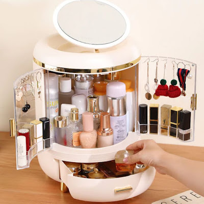 Round Makeup Storage Organizer Box with Mirror Led Light