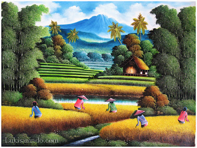  gambar lukisan pemandangan sawah padi