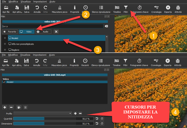 filtro acuisci nella scheda video di shotcut