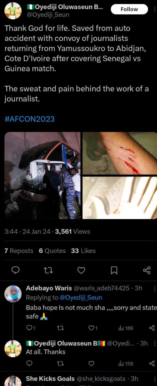 AFCON 2023: NIGERIAN JOURNALIST AND OTHERS IN ROAD ACCIDENT.