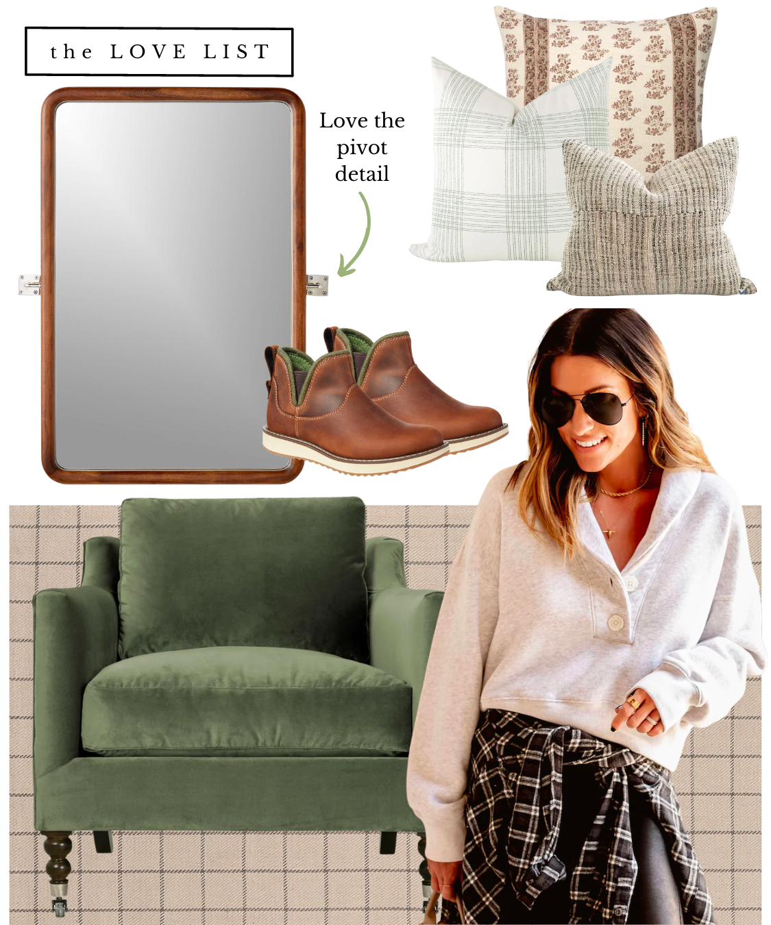 wood pivot mirror and moss green velvet chair with plaid accessories