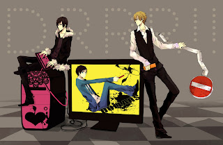 black hair blonde hair blue eyes computer durarara group heiwajima shizuo male orihara izaya red eyes short hair suit tie weapon yellow eyes