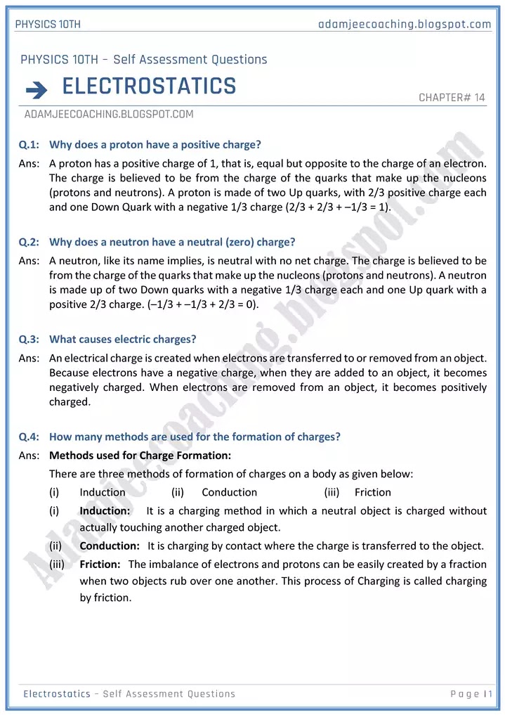 electrostatic-self-assessment-questions-physics-10th