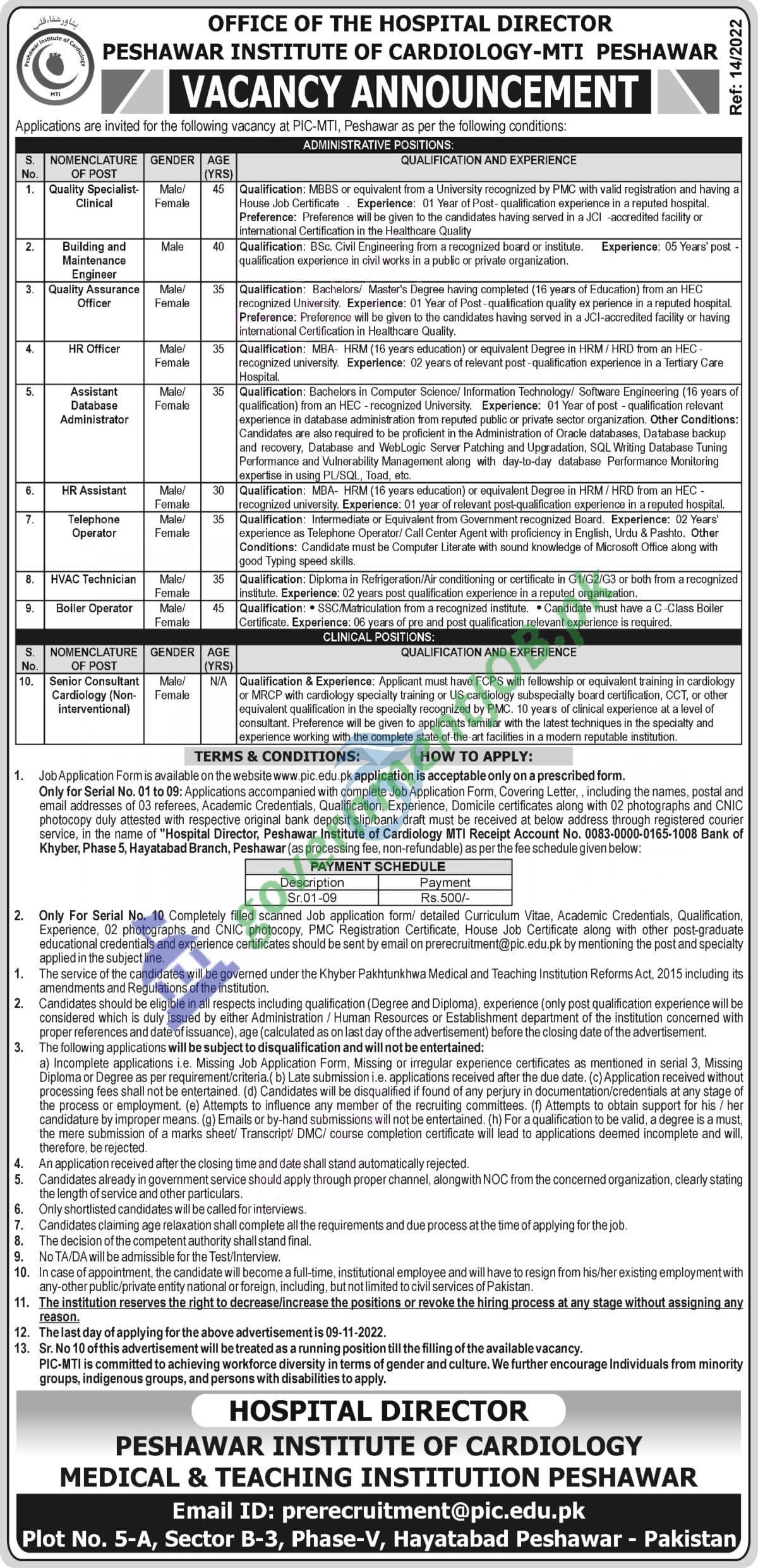 Peshawar Institute of Cardiology (PIC) Jobs 2022 – MTI