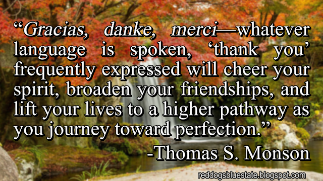 “_Gracias, danke, merci_—whatever language is spoken, ‘thank you’ frequently expressed will cheer your spirit, broaden your friendships, and lift your lives to a higher pathway as you journey toward perfection.” -Thomas S. Monson