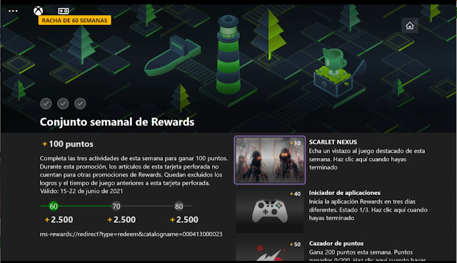 Conjunto semanal de Rewards: 100 puntos