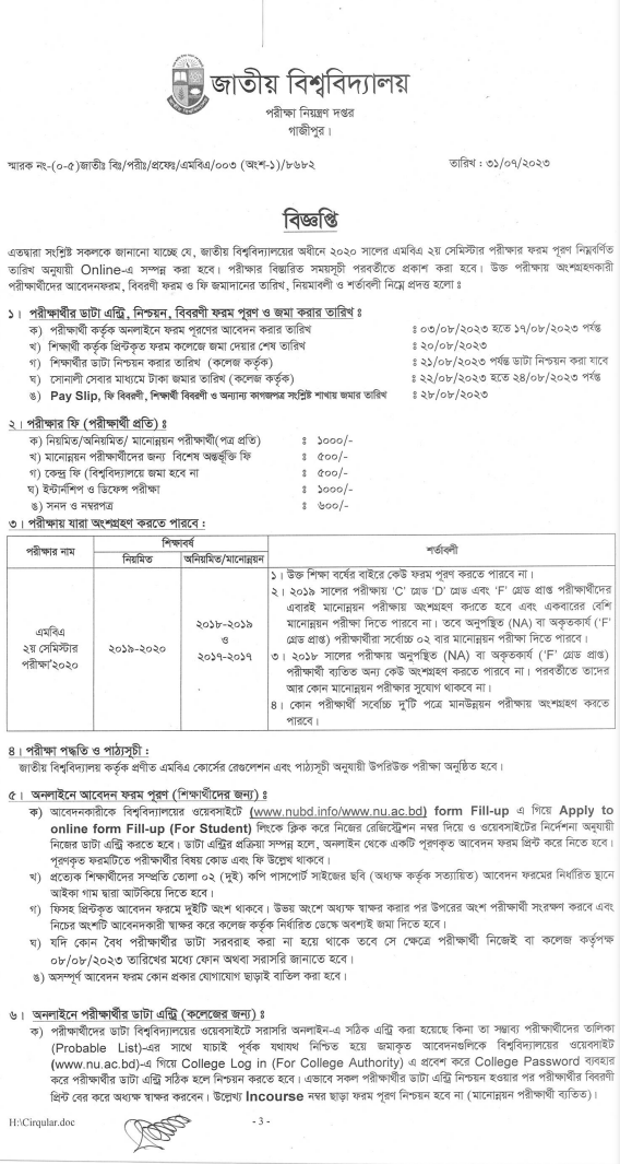 জাতীয় বিশ্ববিদ্যালয়ের এমবিএ পরীক্ষার ফরম পূরণের বিজ্ঞপ্তি প্রকাশ ২০২৩