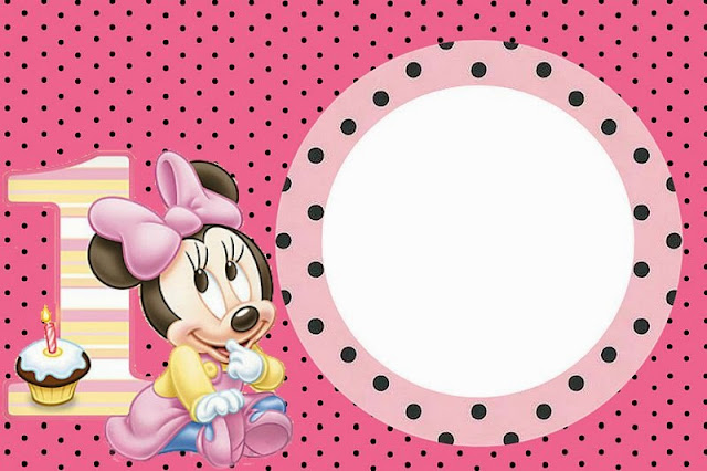 Minnie First Year with Polka Dots: Free Printable Invitations, Labels or Cards.