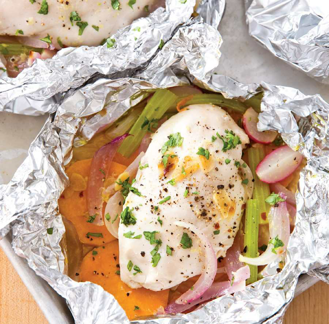 Chicken Baked in foil with sweet potatoes and redishes 