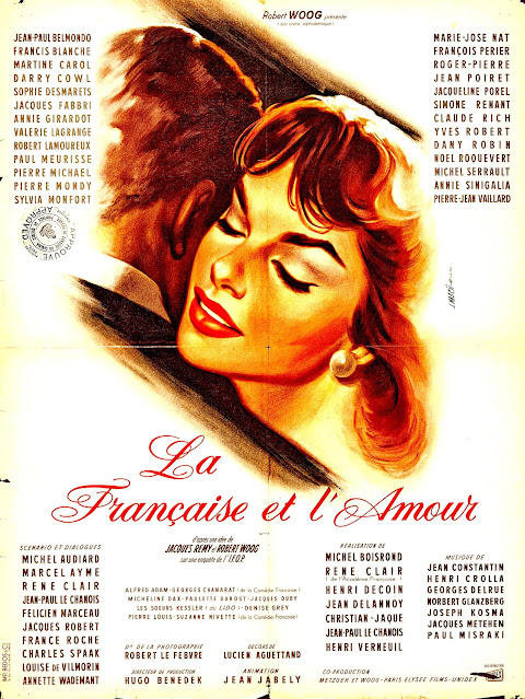 LA FRANÇAISE ET L'AMOUR. Cartel: 60 x 80 cms. Francia Autor: Jean Mascii. Imprenta: Imp. Bedos, París. LA FRANCESA Y EL AMOR. La française et l’amour. 1960. Francia, Italia. Dirección: Michel Boisrond, Christian-Jaque, René Clair, Henri Decoin, Jean Delannoy, Jean-Paul Le Chanois, Henri Verneuil. Reparto: Darry Cowl, Noël Roquevert, Paulette Dubost, Sophie Desmarets, Pierre Mondy, Jean Desailly, Valérie Lagrange, Marie-José Nat, Claude Rich, Yves Robert, Jacques Marin, Dany Robin, Paul Meurisse, Jean-Paul Belmondo, Alice Kessler, Ellen Kessler, Annie Girardot, François Périer, Francis Blanche, Jean Poiret, Michel Serrault, Martine Carol, Silvia Monfort, Robert Lamoureux.