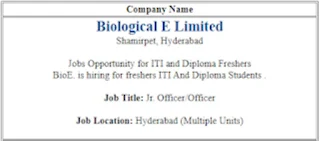 ITI And Diploma Jobs Opportunity in Biological E Limited Walk-in-interview for Freshers | Apply Now