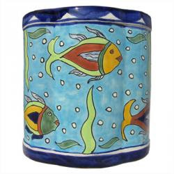 Talavera pottery wastebasket, blue with fish