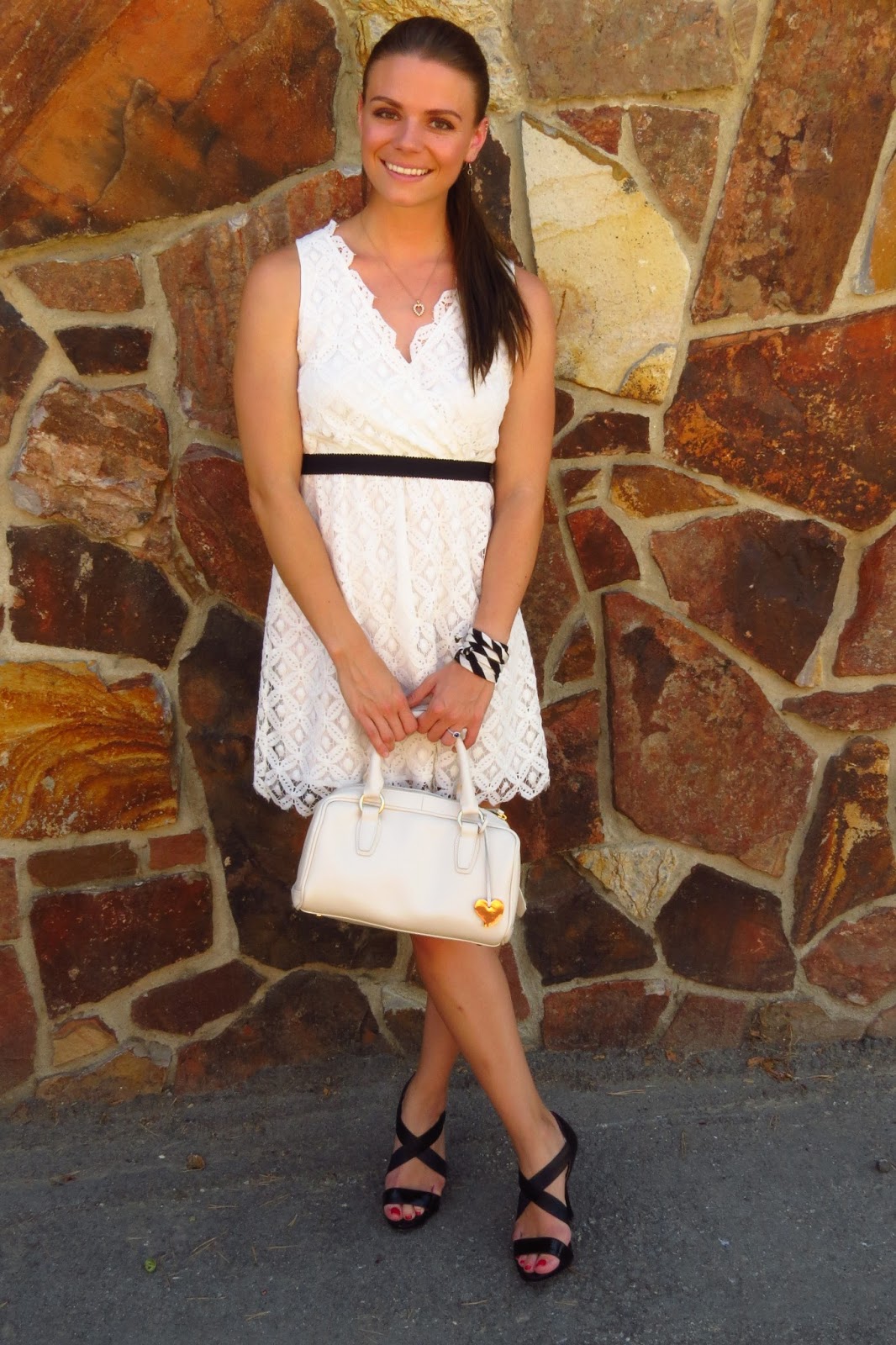 White Lace Dress and Black Heels
