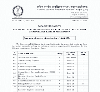 अखिल भारतीय आयुर्विज्ञान संस्थान रायपुर छत्तीसगढ़ में ग्रुप ए एवं ग्रुप बी के रिक्त सविदा पदों में भर्ती के लिए वेकेंसी