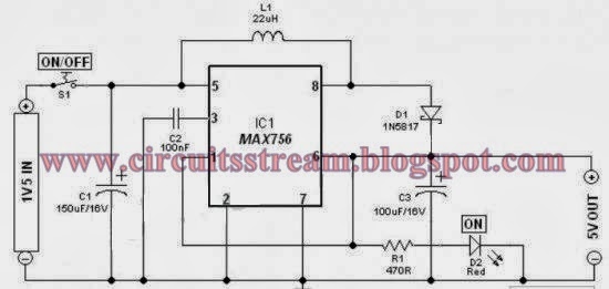 Simple 1.5V Battery to 5V Voltage Converter Circuit Diagram