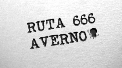 Etiqueta con la dirección Ruta 666 Averno y la sombra de un diablillo con su tridente en miniatura
