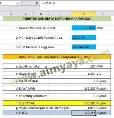  Gambar: Perhitungan Biaya Pemakaian Listrik Menggunakan Microsoft Excel