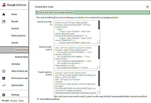 Cara Memasang Kode Adsense For Search pada Blog