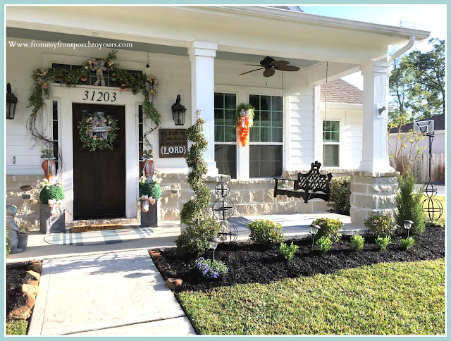 Spring Easter Front Porch-Porch Swing-Boxwood-Topiary-Curb Appeal-From My Front Porch To Yours