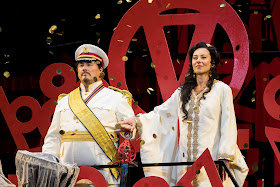 IN PERFORMANCE: tenor CARL TANNER as Radamès (left) and mezzo-soprano MARINA PRUDENSKAYA as Amneris (right) in Washington National Opera's production of Giuseppe Verdi's AIDA, September 2017 [Photo by Scott Suchman, © by Washington National Opera]