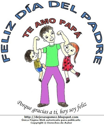  Imagen del Día del padre pintado a colores  (Padre feliz jugando con sus hijos), dibujo al día del padre hecho por Jesus Gómez