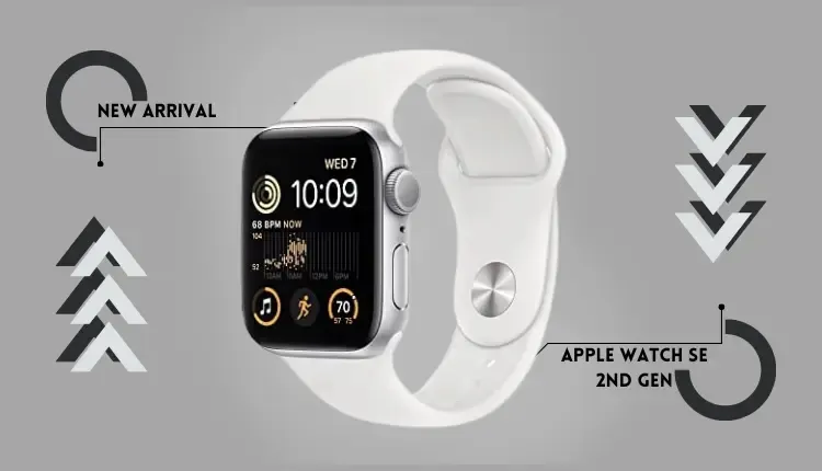 A picture of the Apple watch se 2nd gen in white with a gray background