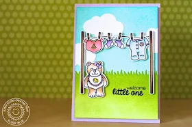 Sunny Studio Stamps: Baby Bear Welcome Little One Clothesline card by Eloise Blue.