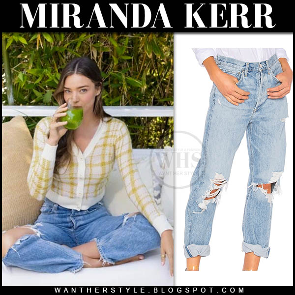 Miranda Kerr in yellow check cardigan and ripped jeans