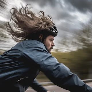 A cyclist riding on a windy day