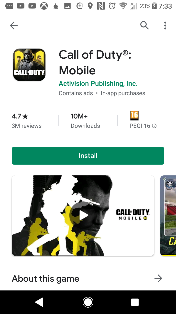 Pop-up screen displaying permissions required for Call of Duty Mobile installation