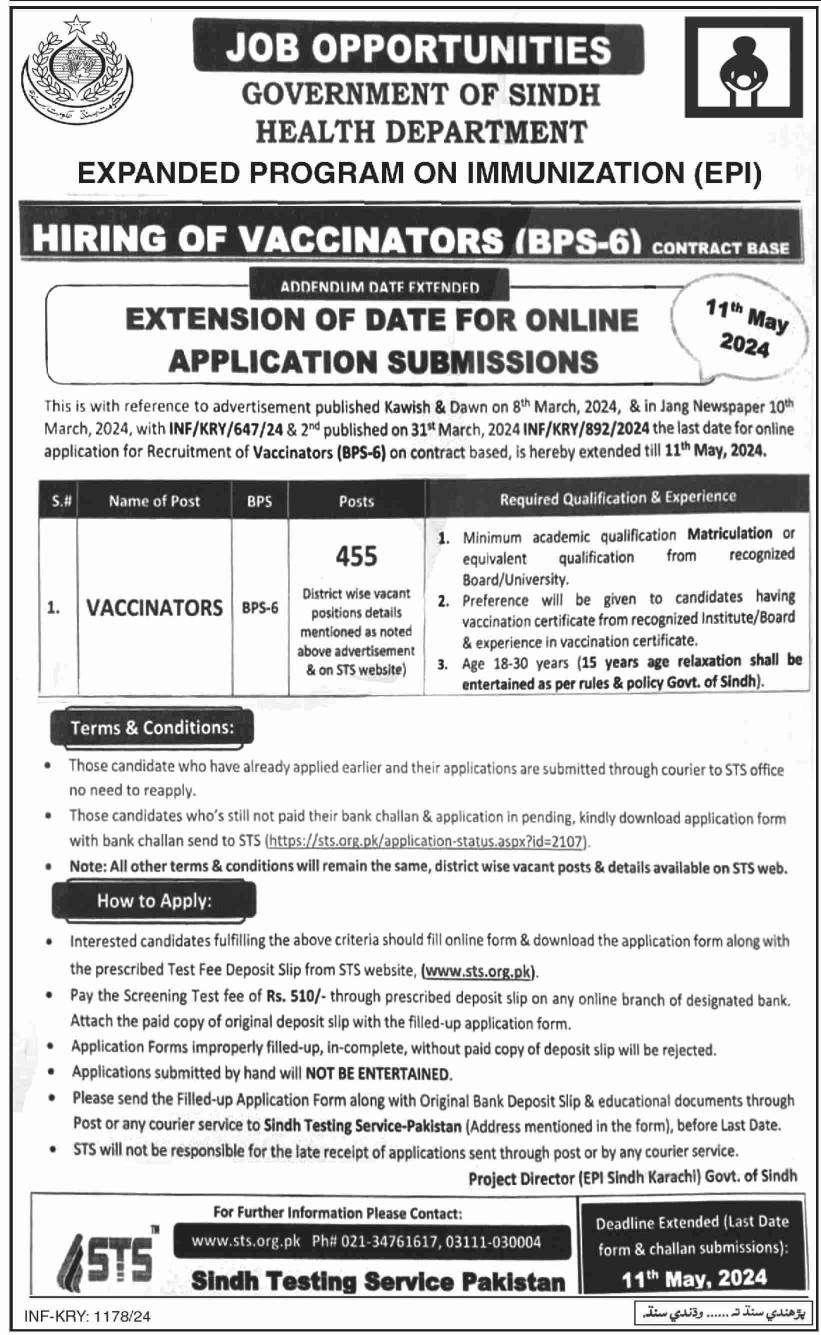 Expanded Program on Immunization (EPI) - Hiring of Vaccinators (BPS-6) Contract Basis