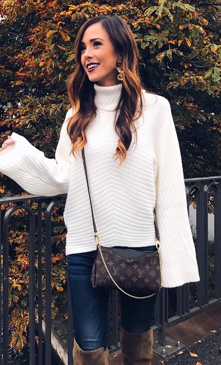 outfit of the day | white knit sweater + bag + skinnies + brown over knee boots