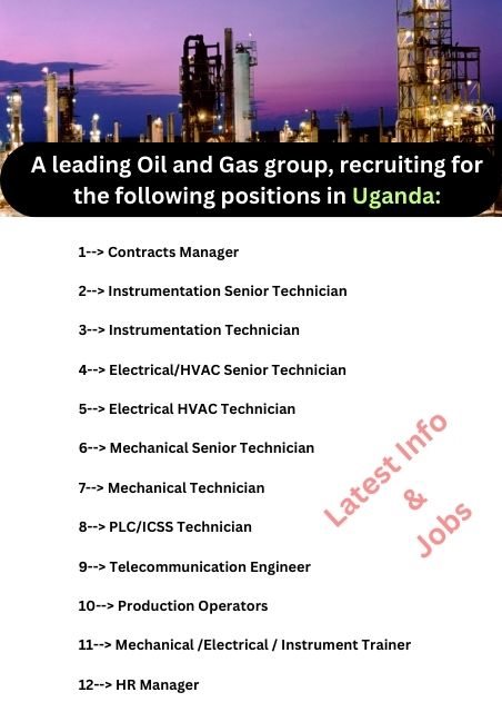 A leading Oil and Gas group, recruiting for the following positions in Uganda:
