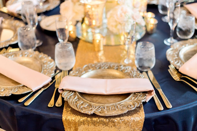 navy and gold place settings