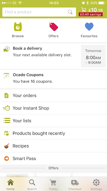 A screenshot showing a search bar, next available delivery date and other options on the Ocado app