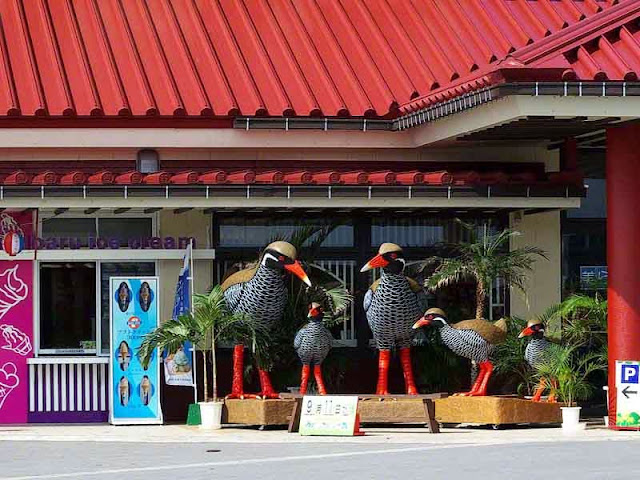 Okinawan Rail or Kuina bird statues outside a restaurant