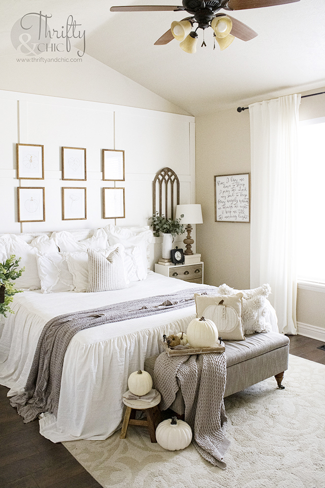 Neutral fall bedroom decor and decorating ideas. Farmhouse bedroom ideas. Board and batten bedroom. Vaulted ceilings in bedroom. Best white bedding