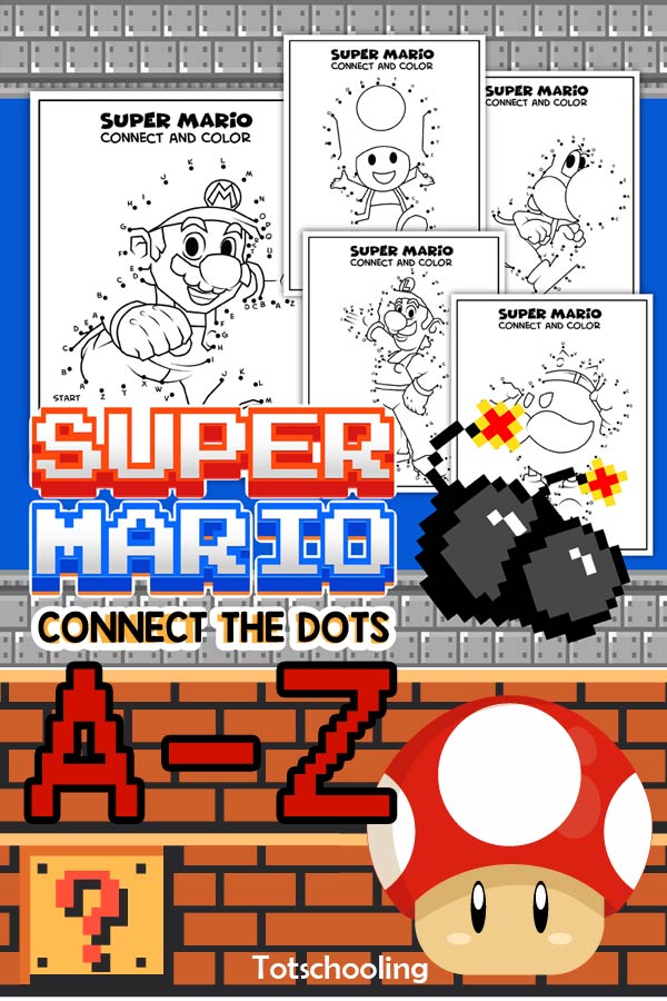 FREE Super Mario themed Alphabet worksheets Connect the Dots coloring pages. Follow the sequence from A to Z, then color the character!