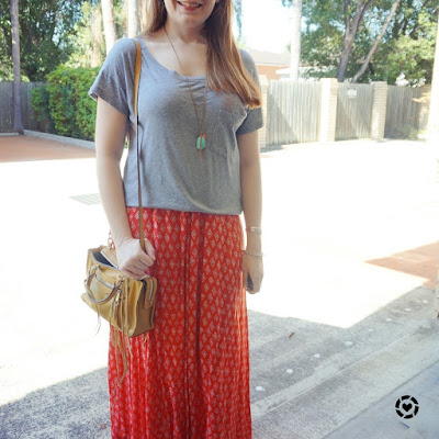 awayfromblue instagram slouchy boho outfit grey tee red printed maxi skirt