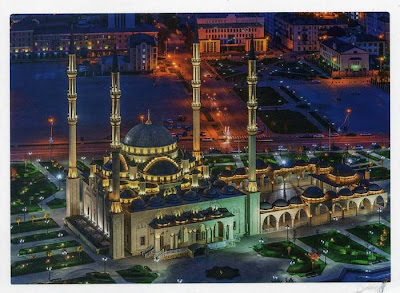 The Akhmad Kadyrov Mosque (Russian — Mechet Akhmata Kadyrova) is located in Grozny, the capital of Chechnya. It is one of the largest mosques in Russia and is officially known as the "The Heart of Chechnya" , Russian — Serdtse Chechni). The mosque is named after Akhmad Kadyrov who commissioned its construction from the mayor of Konya. The mosque design with a set of 62-metre (203 ft)-tall minarets is based on the Blue Mosque in Istanbul. On October 16, 2008, the mosque was officially opened in a ceremony in which Chechen leader Ramzan Kadyrov spoke and was with Russian Prime Minister Vladimir Putin. In this mosque, ten thousand Muslims can pray at a time and its minarets reach 62 metres (203 ft) high.